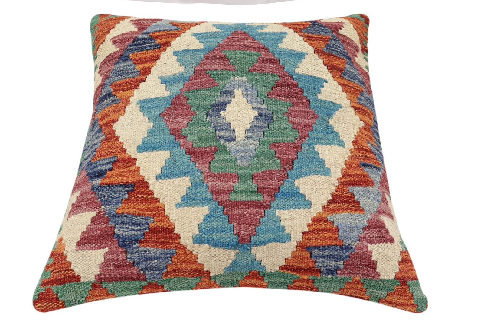 handmade Traditional Pillow Rust Blue Hand-Woven SQUARE 100% WOOL Hand woven turkish pillow2 x 2