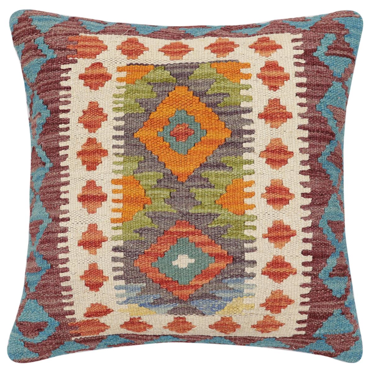handmade Traditional Pillow Rust Blue Hand-Woven SQUARE 100% WOOL Hand woven turkish pillow2 x 2