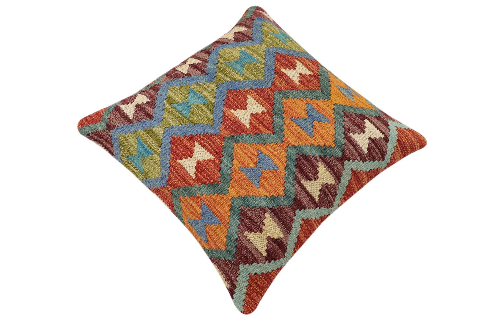handmade Traditional Pillow Rust Blue Hand-Woven SQUARE 100% WOOL Hand woven turkish pillow2 x 2