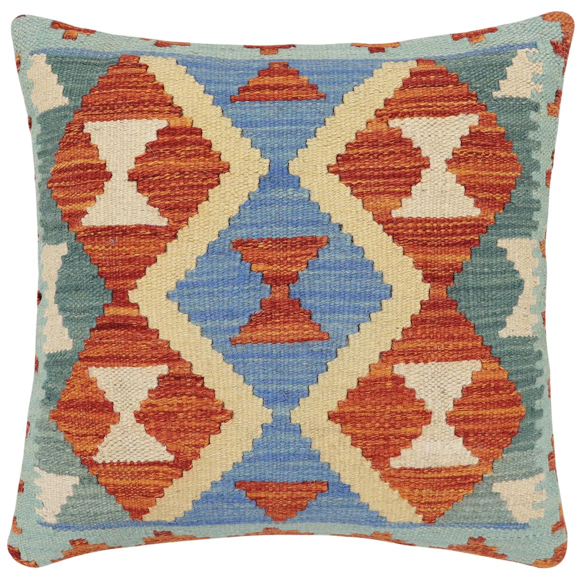 handmade Traditional Pillow Rust Blue Hand-Woven SQUARE 100% WOOL Hand woven turkish pillow2 x 2
