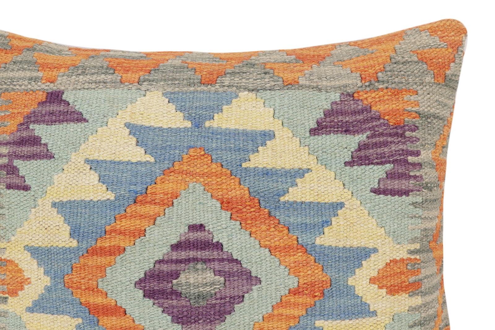 handmade Traditional Pillow Rust Blue Hand-Woven SQUARE 100% WOOL  Hand woven turkish pillow  2 x 2