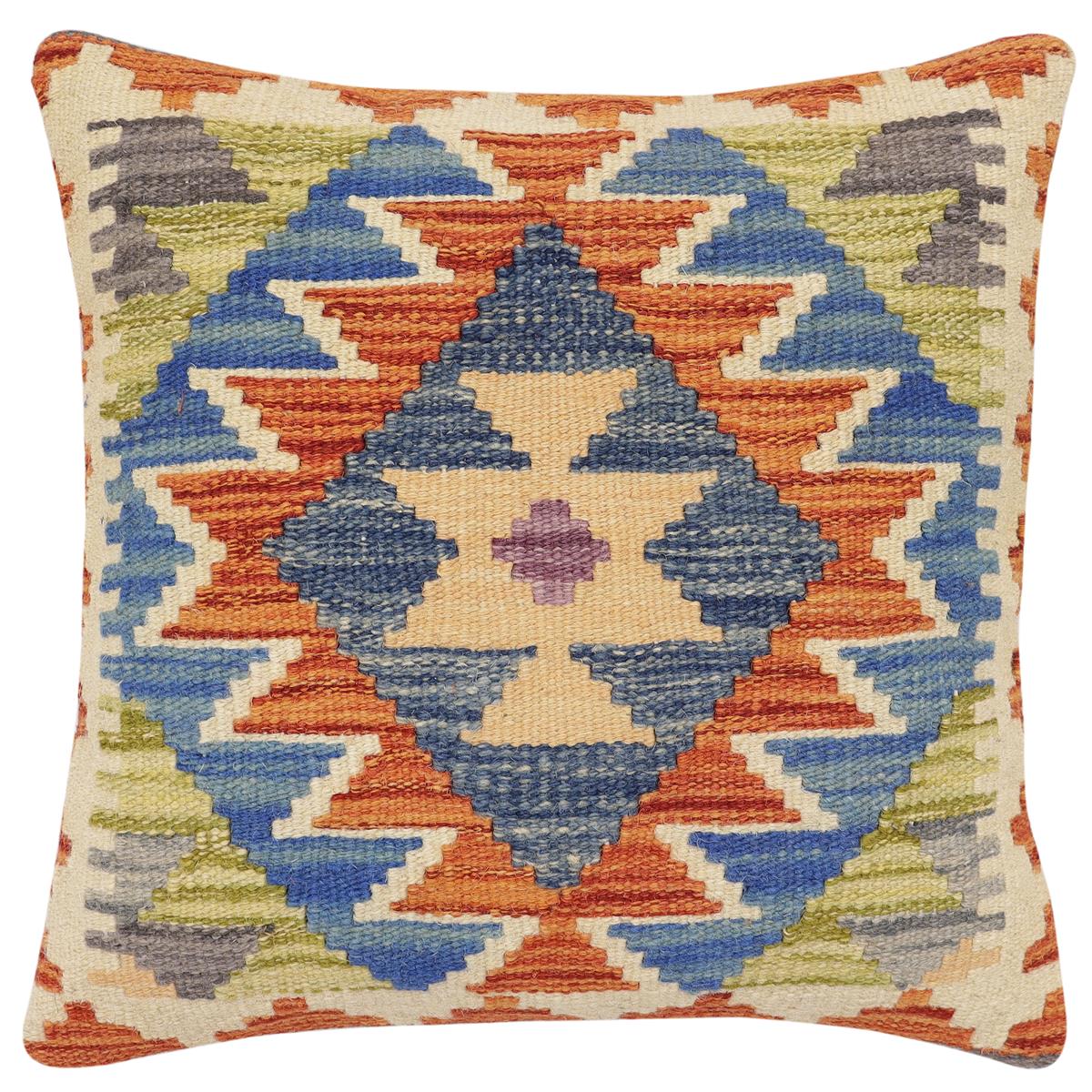 handmade Traditional Pillow Rust Blue Hand-Woven SQUARE 100% WOOL Hand woven turkish pillow2 x 2