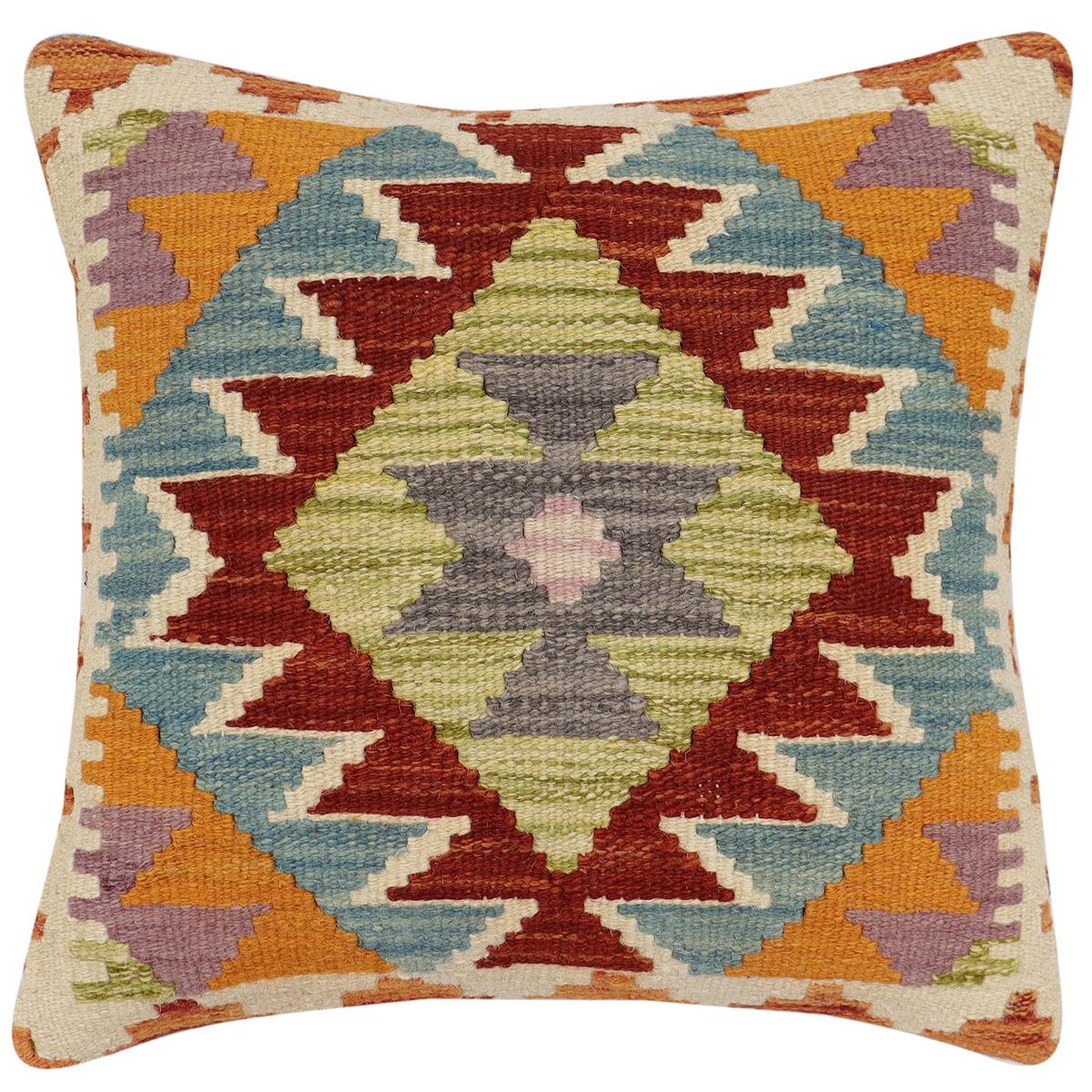 handmade Traditional Pillow Rust Blue Hand-Woven SQUARE 100% WOOL  Hand woven turkish pillow  2 x 2