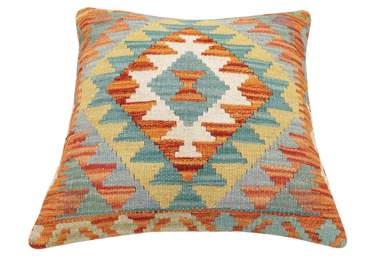 handmade Traditional Pillow Rust Blue Hand-Woven SQUARE 100% WOOL Hand woven turkish pillow2 x 2
