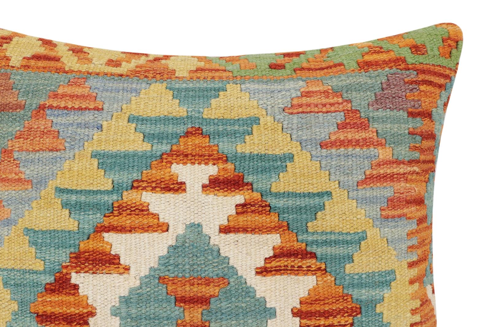 handmade Traditional Pillow Rust Blue Hand-Woven SQUARE 100% WOOL Hand woven turkish pillow2 x 2
