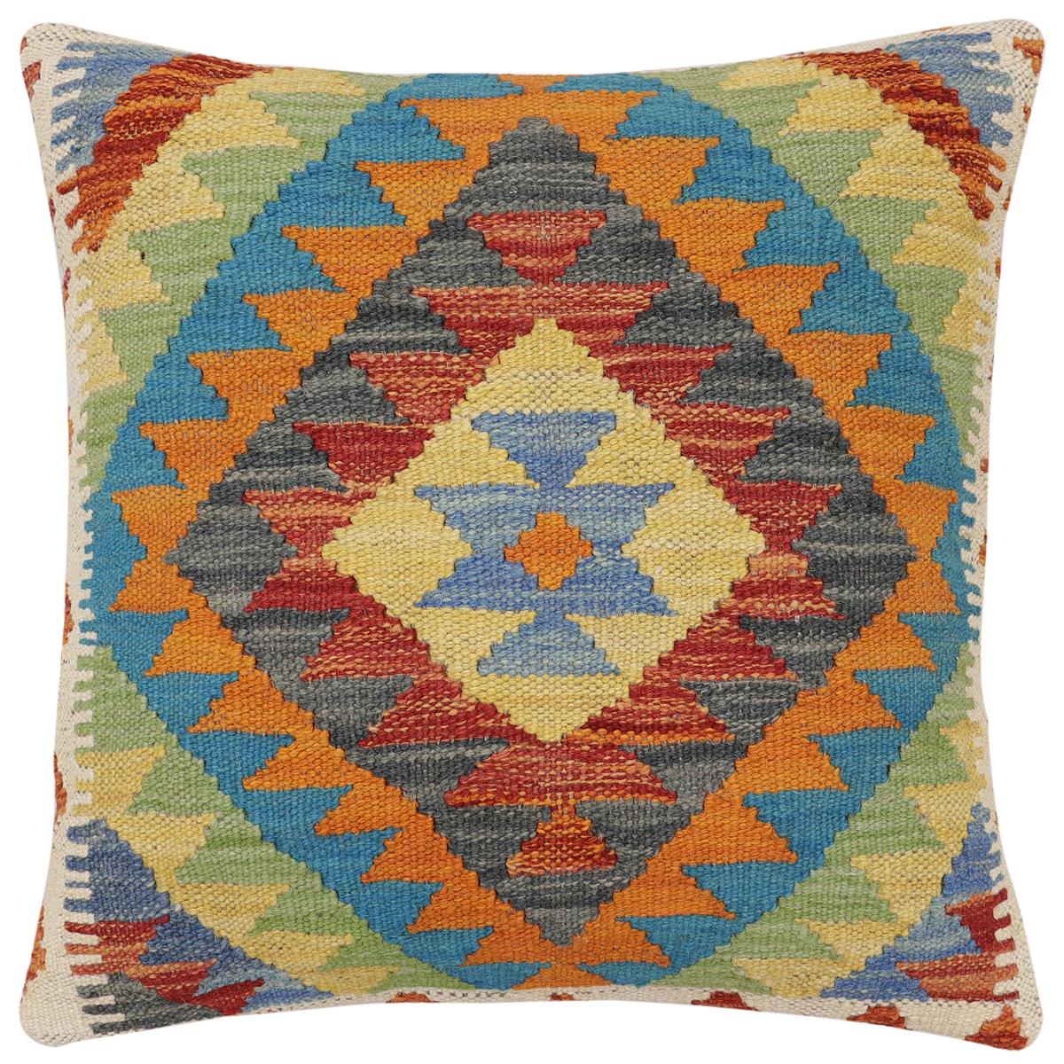 handmade Traditional Pillow Rust Blue Hand-Woven SQUARE 100% WOOL Hand woven turkish pillow2 x 2