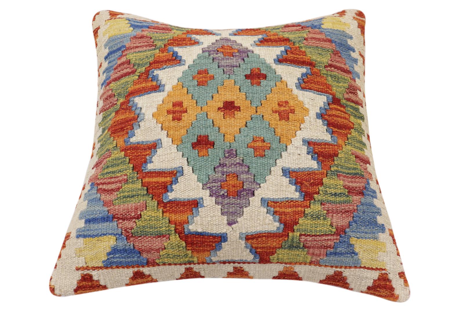 handmade Traditional Pillow Rust Blue Hand-Woven SQUARE 100% WOOL Hand woven turkish pillow2 x 2