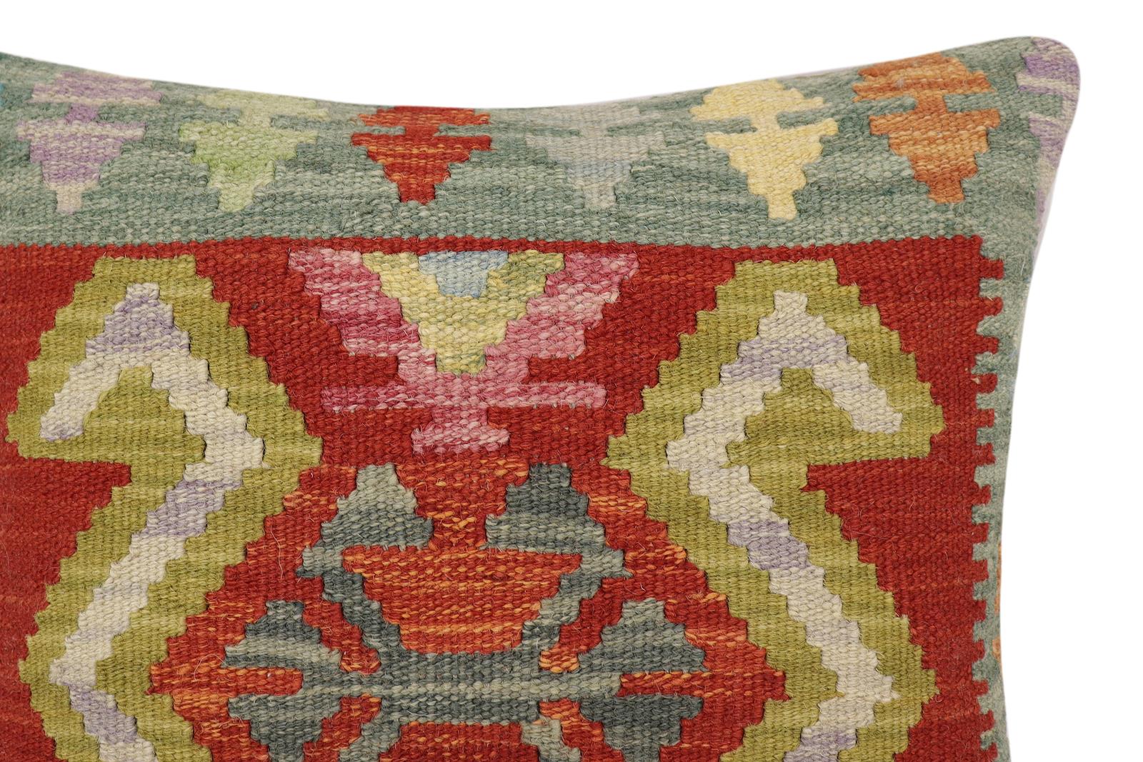 handmade Traditional Pillow Rust Green Hand-Woven SQUARE 100% WOOL Hand woven turkish pillow2 x 2