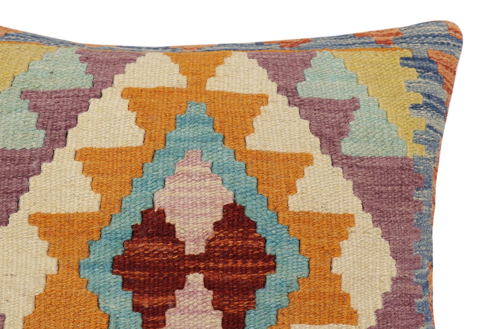 handmade Traditional Pillow Rust Blue Hand-Woven SQUARE 100% WOOL Hand woven turkish pillow2 x 2