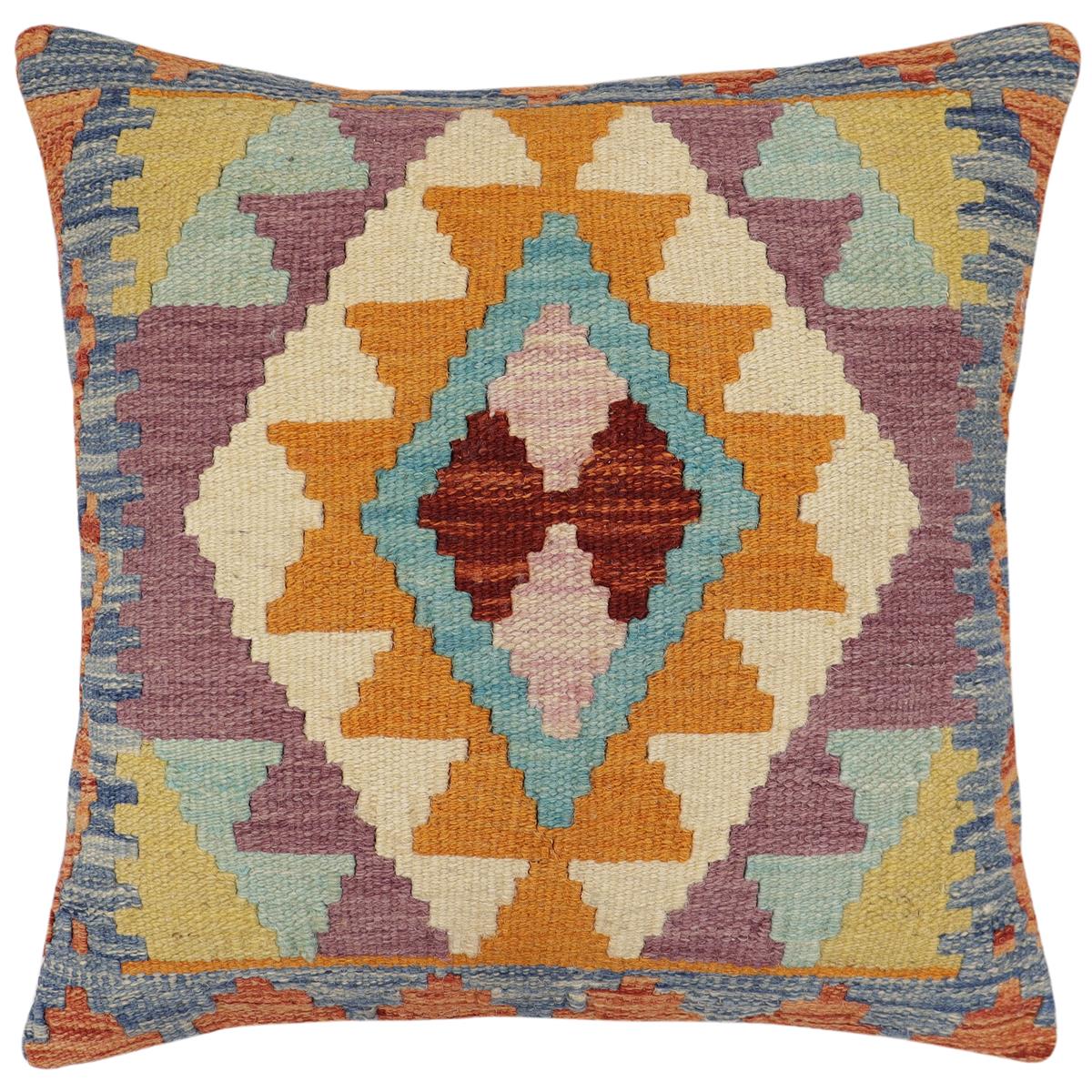handmade Traditional Pillow Rust Blue Hand-Woven SQUARE 100% WOOL Hand woven turkish pillow2 x 2