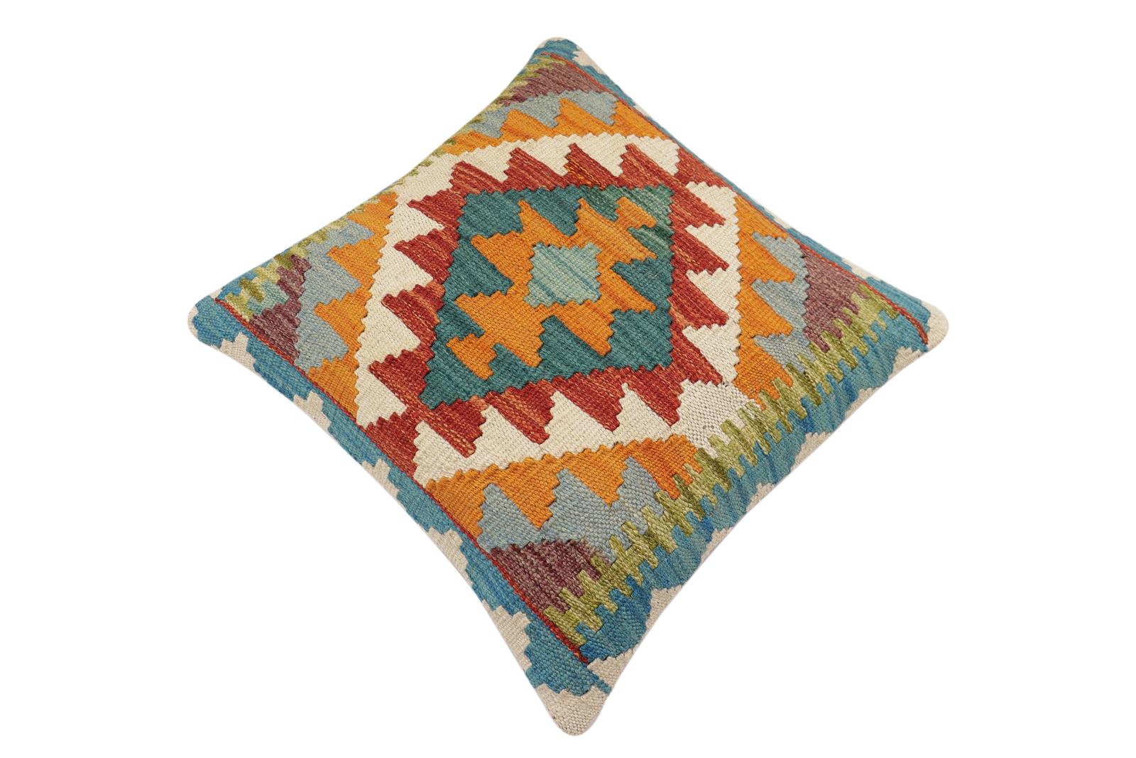 handmade Traditional Pillow Rust Blue Hand-Woven SQUARE 100% WOOL Hand woven turkish pillow2 x 2