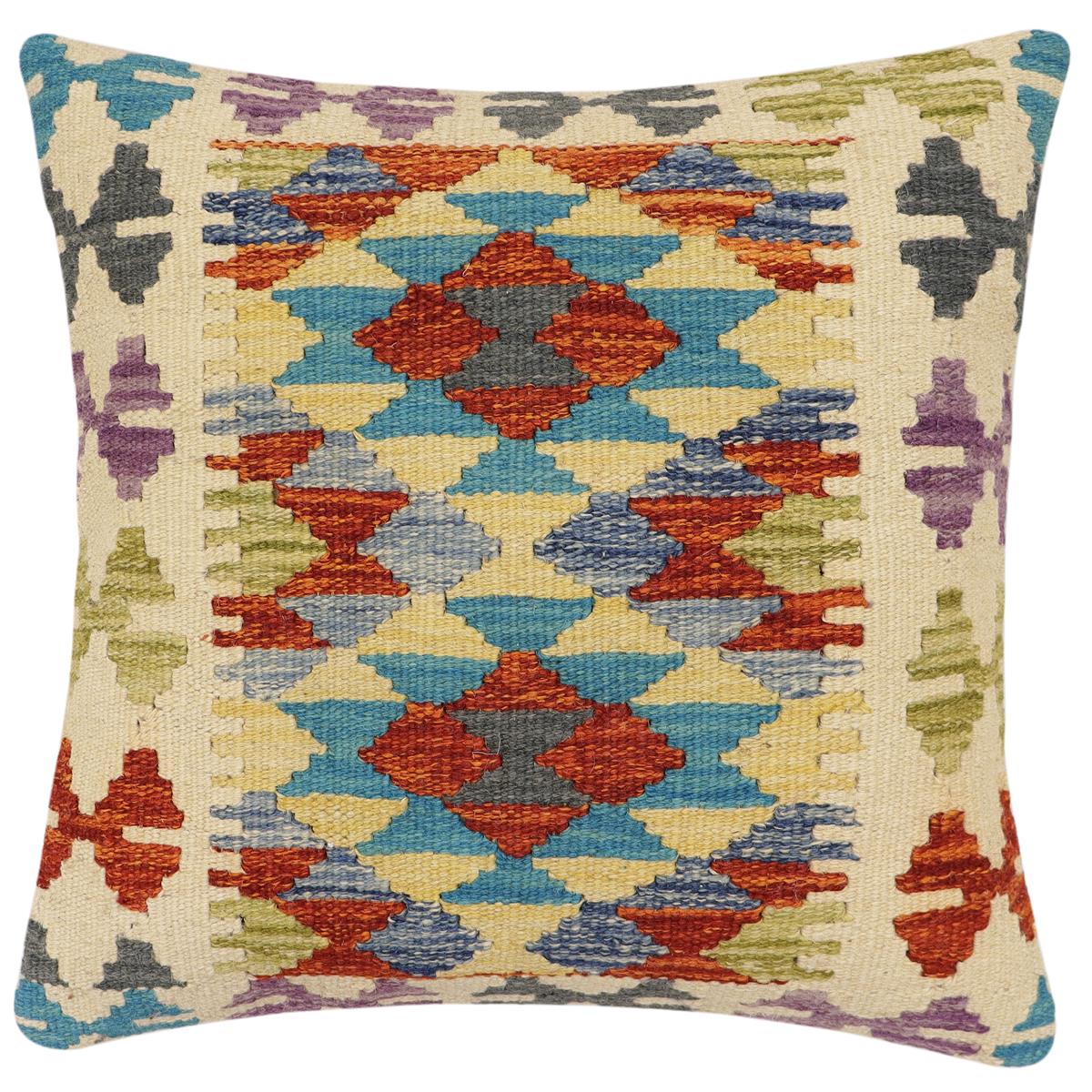 handmade Traditional Pillow Rust Blue Hand-Woven SQUARE 100% WOOL Hand woven turkish pillow2 x 2