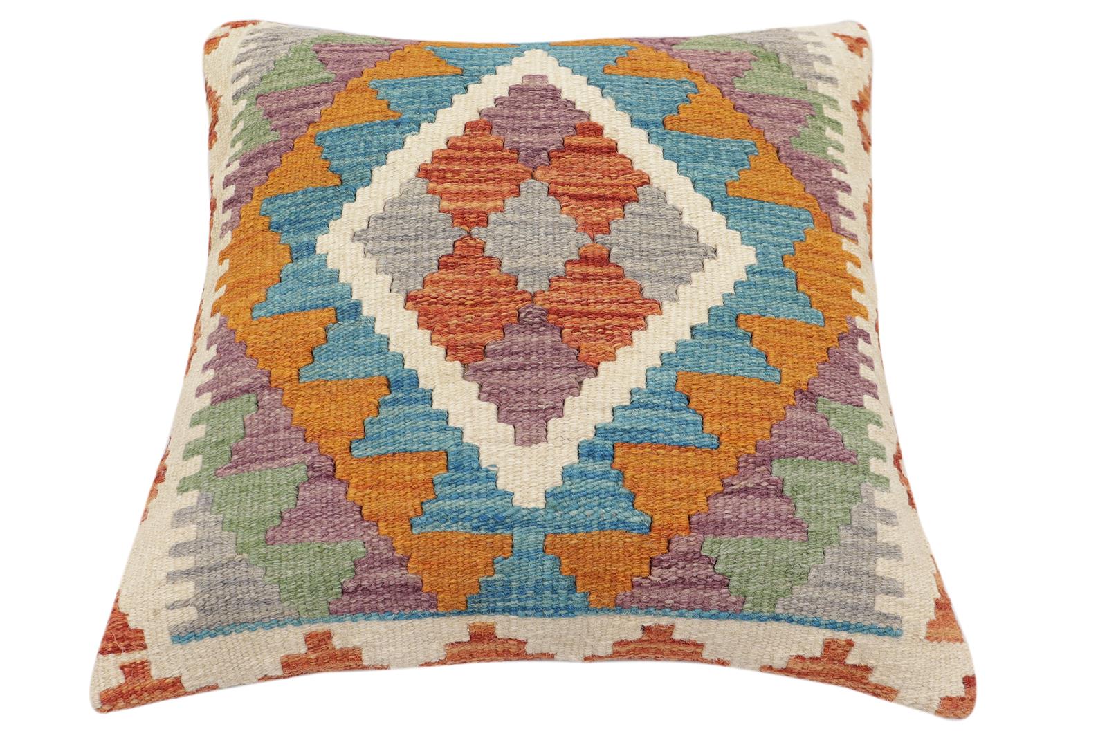 handmade Traditional Pillow Rust Blue Hand-Woven SQUARE 100% WOOL Hand woven turkish pillow2 x 2