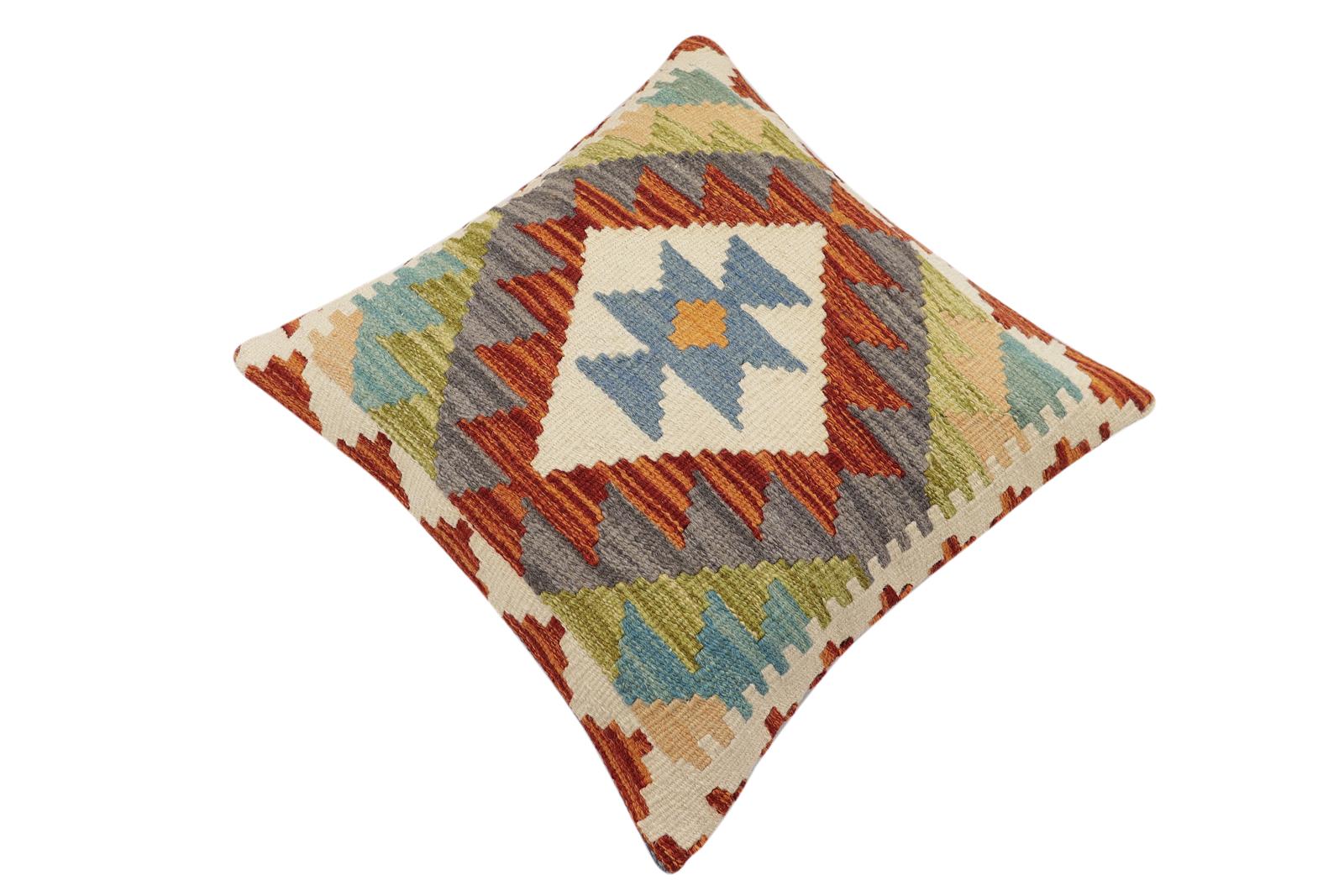 handmade Traditional Pillow Rust Blue Hand-Woven SQUARE 100% WOOL Hand woven turkish pillow2 x 2