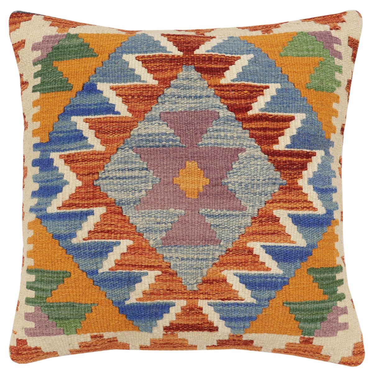 handmade Traditional Pillow Rust Blue Hand-Woven SQUARE 100% WOOL Hand woven turkish pillow2 x 2