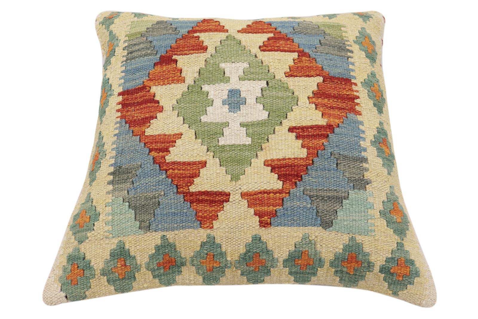 handmade Traditional Pillow Rust Blue Hand-Woven SQUARE 100% WOOL Hand woven turkish pillow2 x 2