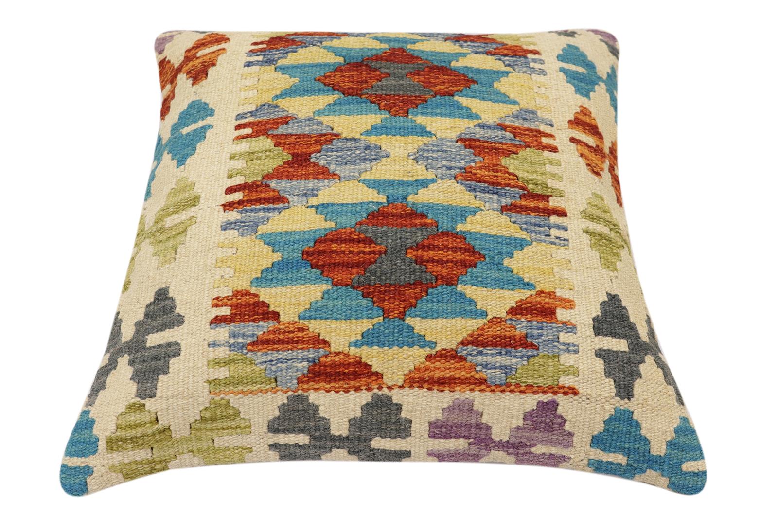 handmade Traditional Pillow Rust Blue Hand-Woven SQUARE 100% WOOL Hand woven turkish pillow2 x 2
