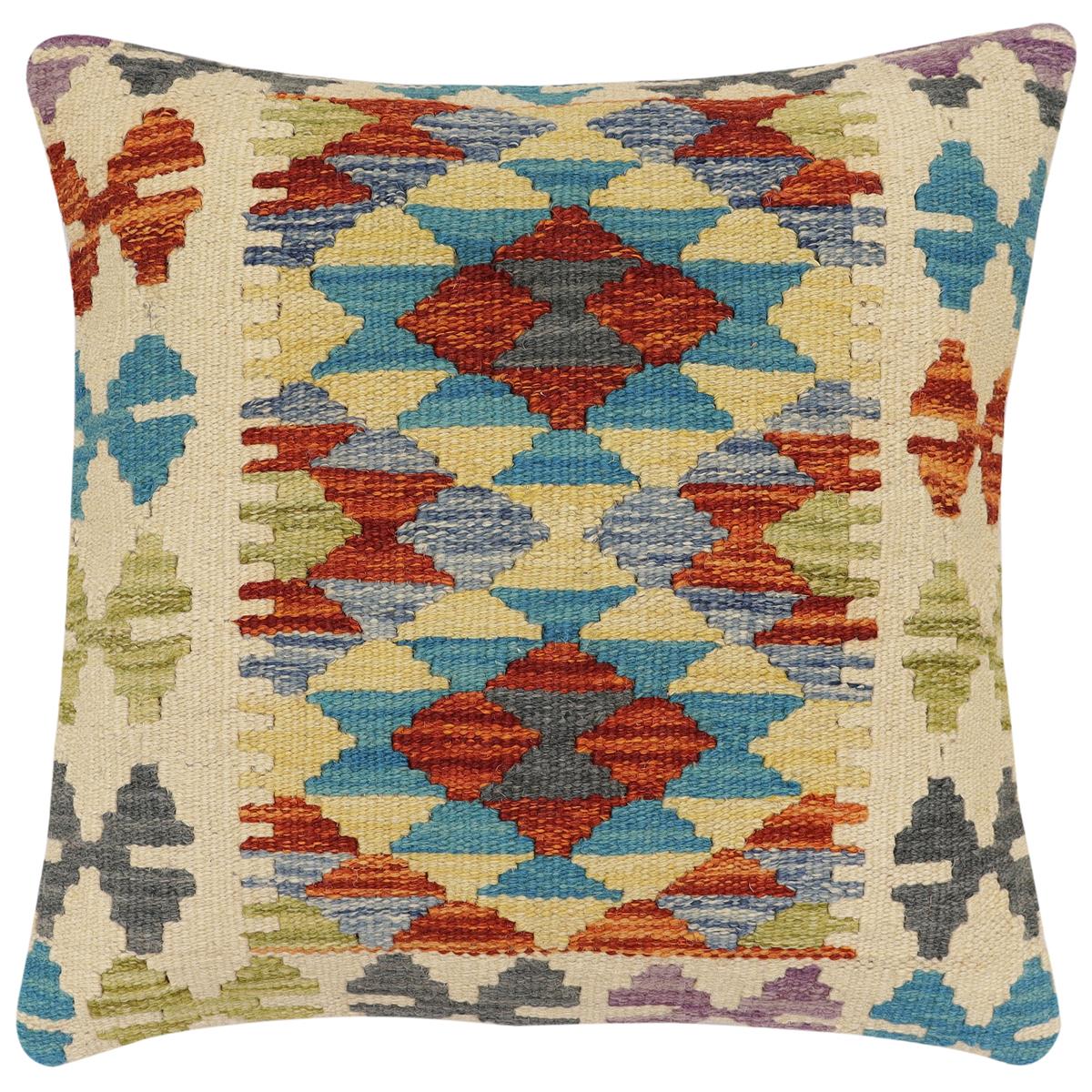 handmade Traditional Pillow Rust Blue Hand-Woven SQUARE 100% WOOL Hand woven turkish pillow2 x 2
