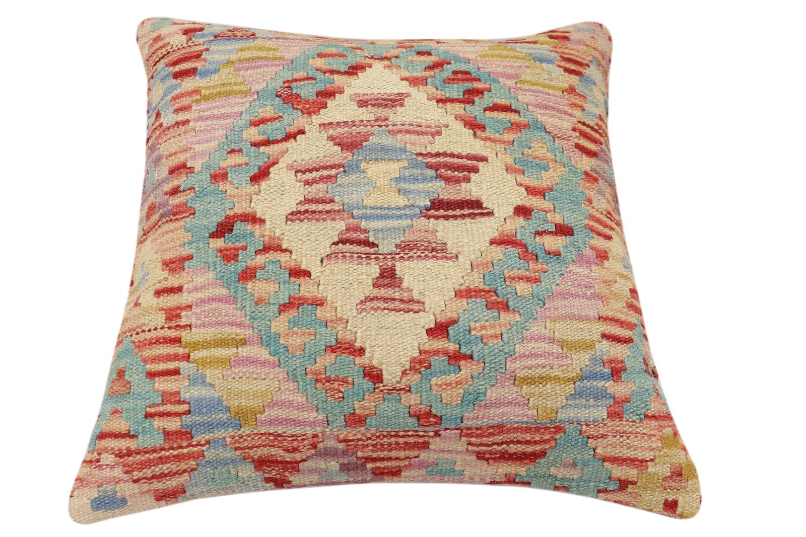 handmade Traditional Pillow Red Blue Hand-Woven SQUARE 100% WOOL Hand woven turkish pillow2 x 2