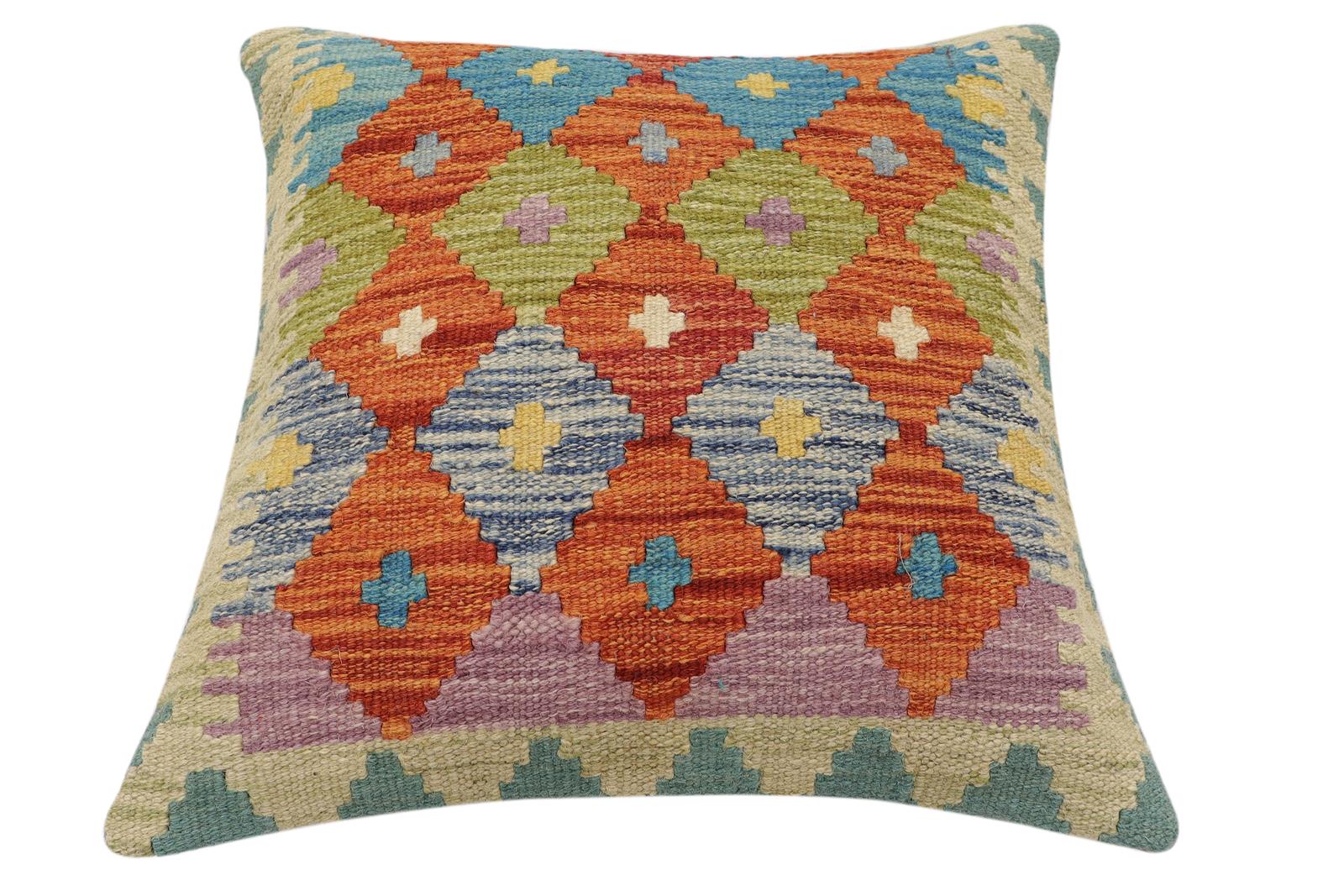 handmade Traditional Pillow Rust Blue Hand-Woven SQUARE 100% WOOL Hand woven turkish pillow2 x 2