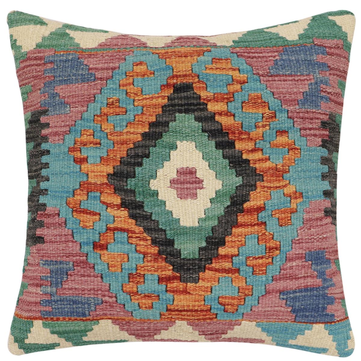 handmade Traditional Pillow Rust Blue Hand-Woven SQUARE 100% WOOL Hand woven turkish pillow2 x 2