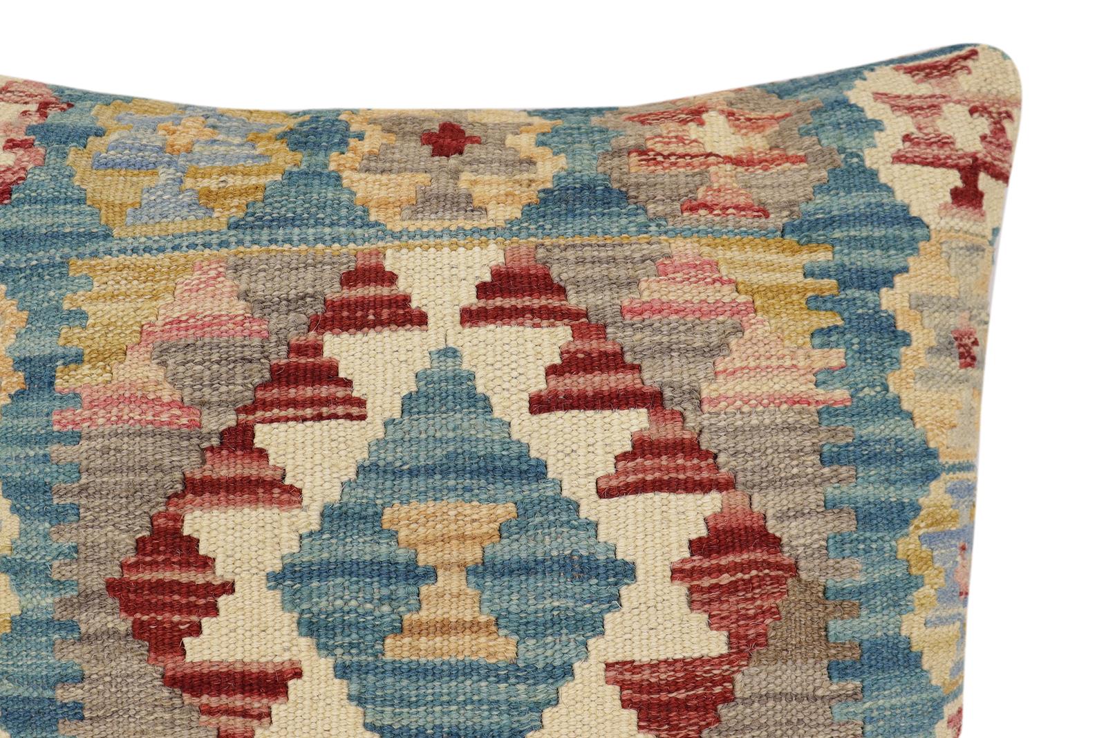 handmade Traditional Pillow Blue Red Hand-Woven SQUARE 100% WOOL  Hand woven turkish pillow  2 x 2