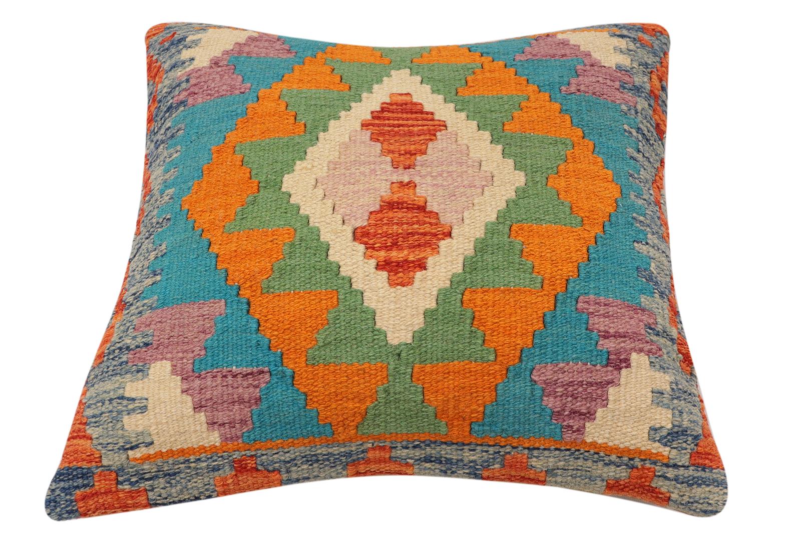 handmade Traditional Pillow Rust Blue Hand-Woven SQUARE 100% WOOL Hand woven turkish pillow2 x 2
