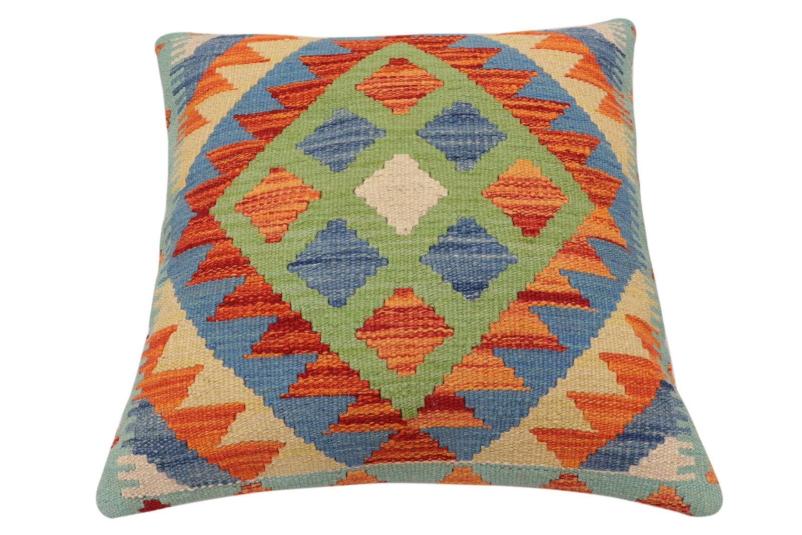 handmade Traditional Pillow Rust Blue Hand-Woven SQUARE 100% WOOL Hand woven turkish pillow2 x 2
