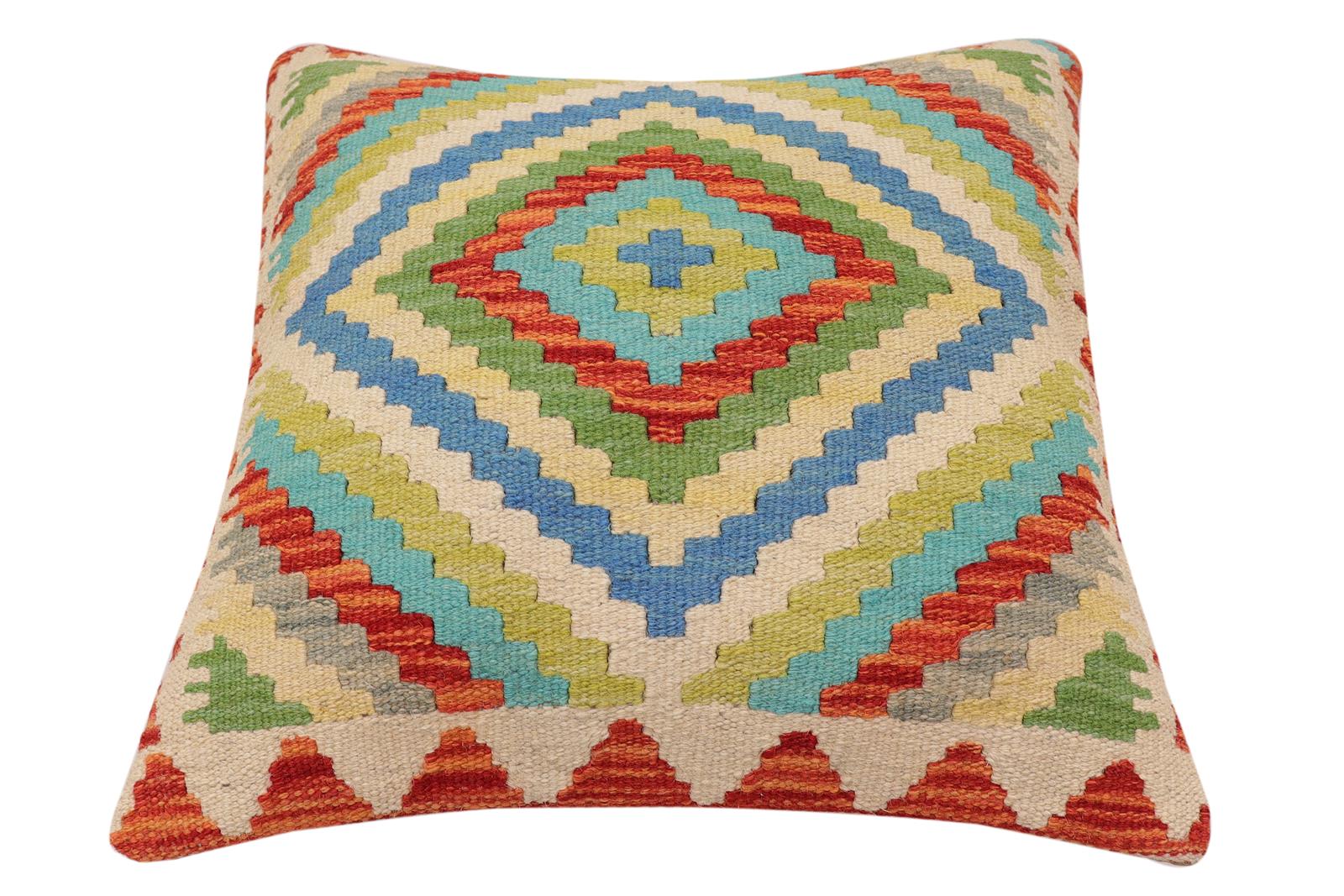 handmade Traditional Pillow Rust Blue Hand-Woven SQUARE 100% WOOL Hand woven turkish pillow2 x 2