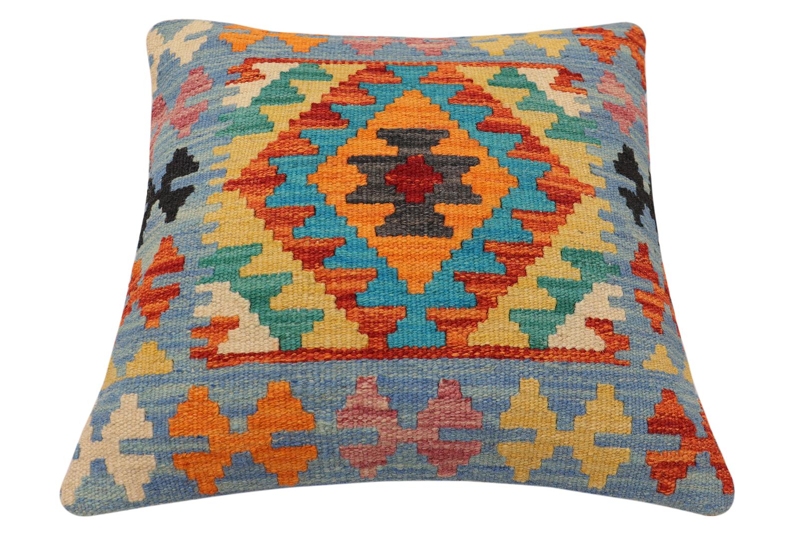 handmade Traditional Pillow Rust Blue Hand-Woven SQUARE 100% WOOL Hand woven turkish pillow2 x 2