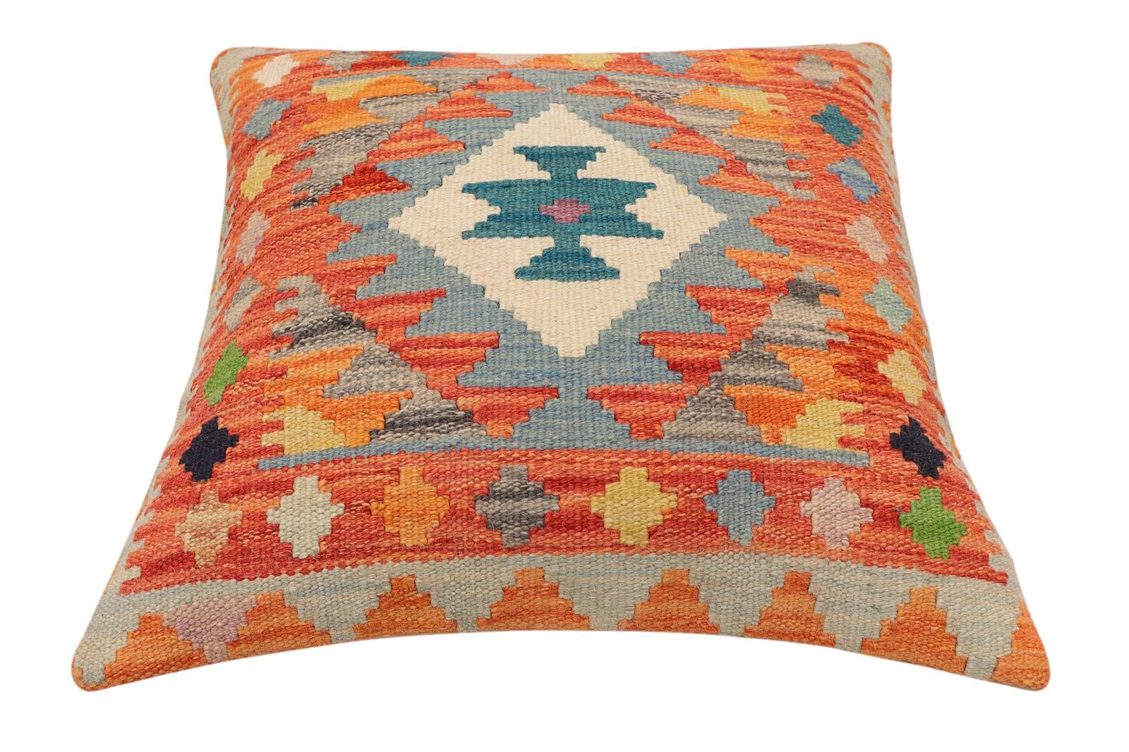 handmade Traditional Pillow Rust Blue Hand-Woven SQUARE 100% WOOL Hand woven turkish pillow2 x 2