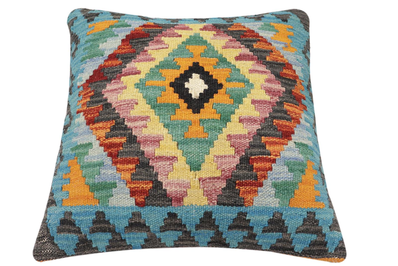 handmade Traditional Pillow Rust Blue Hand-Woven SQUARE 100% WOOL Hand woven turkish pillow2 x 2