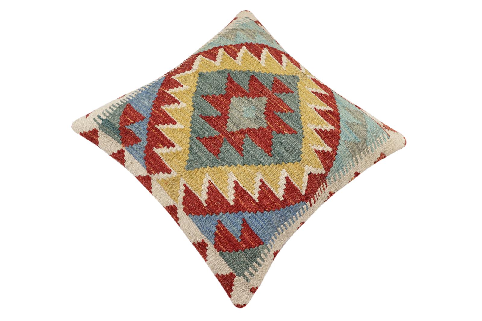 handmade Traditional Pillow Rust Blue Hand-Woven SQUARE 100% WOOL Hand woven turkish pillow2 x 2