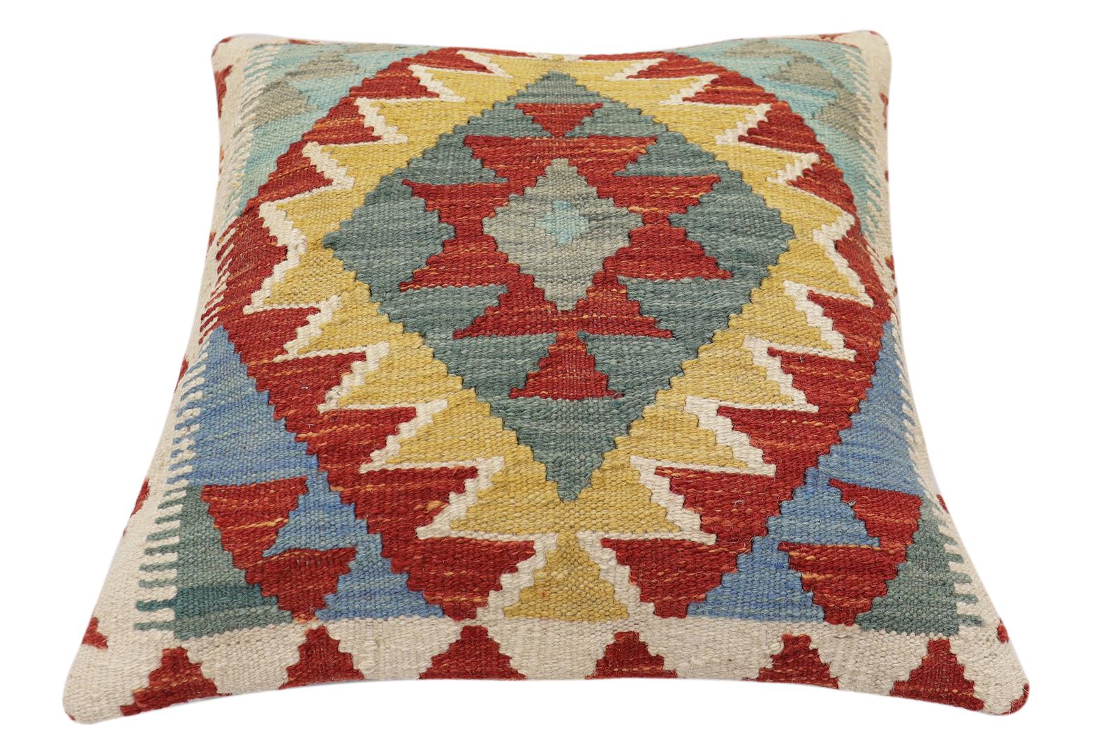 handmade Traditional Pillow Rust Blue Hand-Woven SQUARE 100% WOOL Hand woven turkish pillow2 x 2