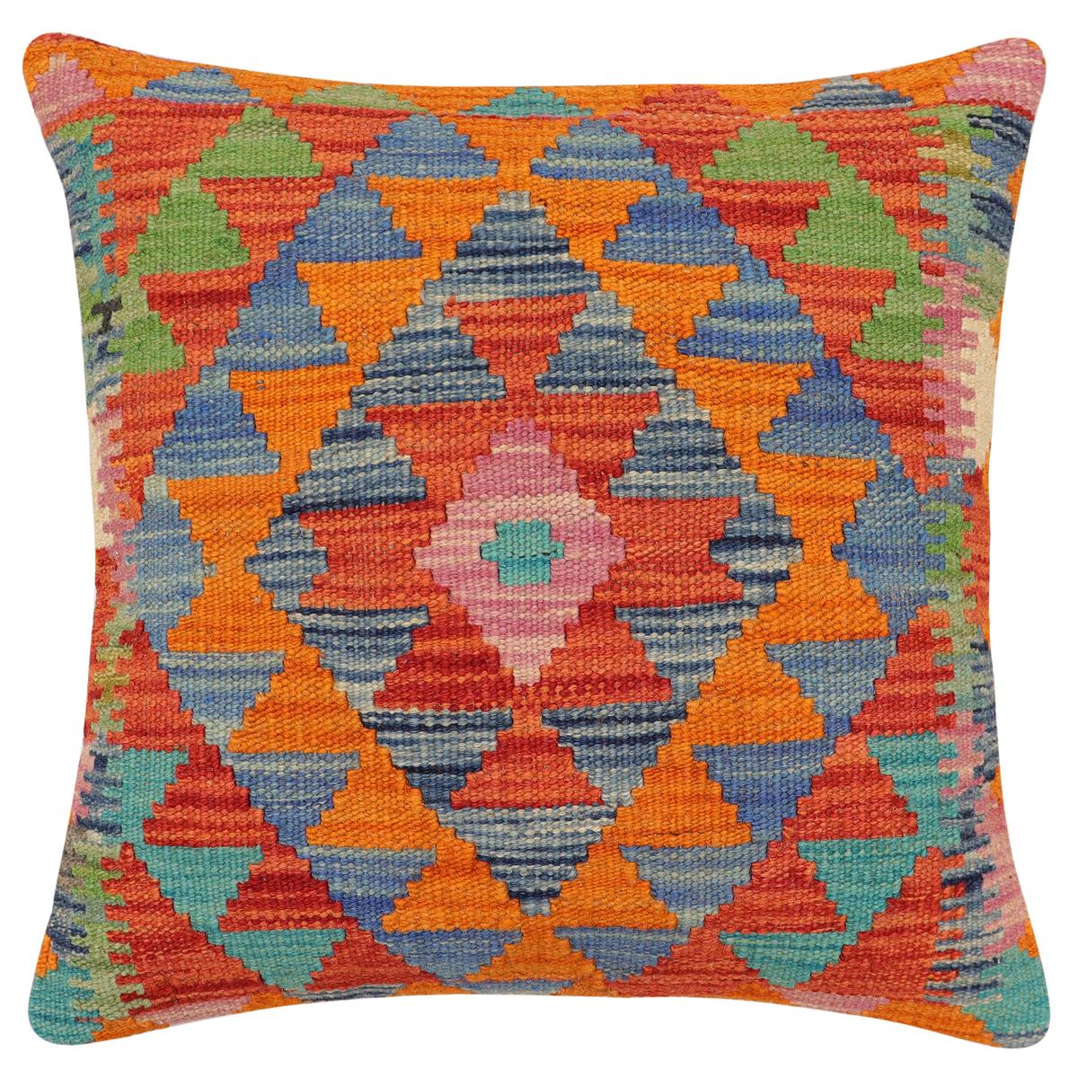 handmade Traditional Pillow Rust Blue Hand-Woven SQUARE 100% WOOL Hand woven turkish pillow2 x 2