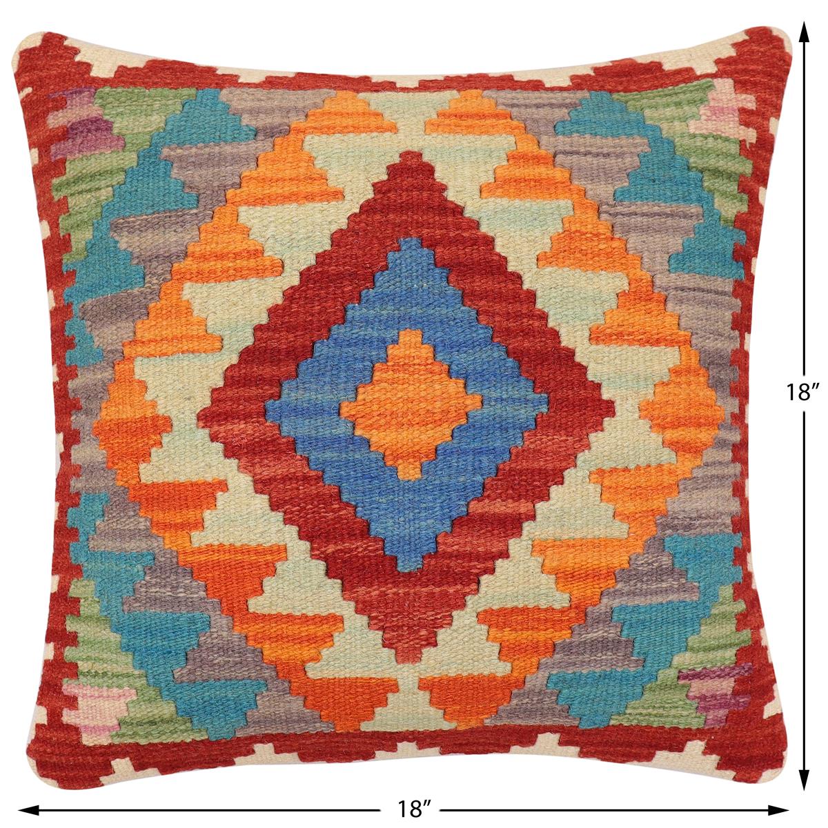 handmade Traditional Pillow Rust Blue Hand-Woven SQUARE 100% WOOL Hand woven turkish pillow2 x 2