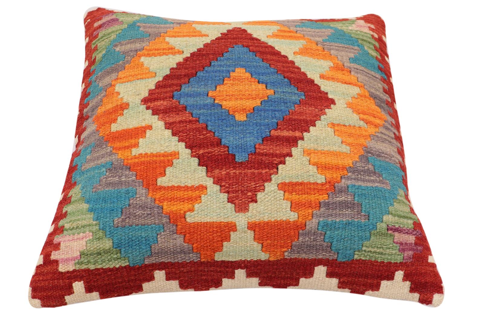 handmade Traditional Pillow Rust Blue Hand-Woven SQUARE 100% WOOL Hand woven turkish pillow2 x 2
