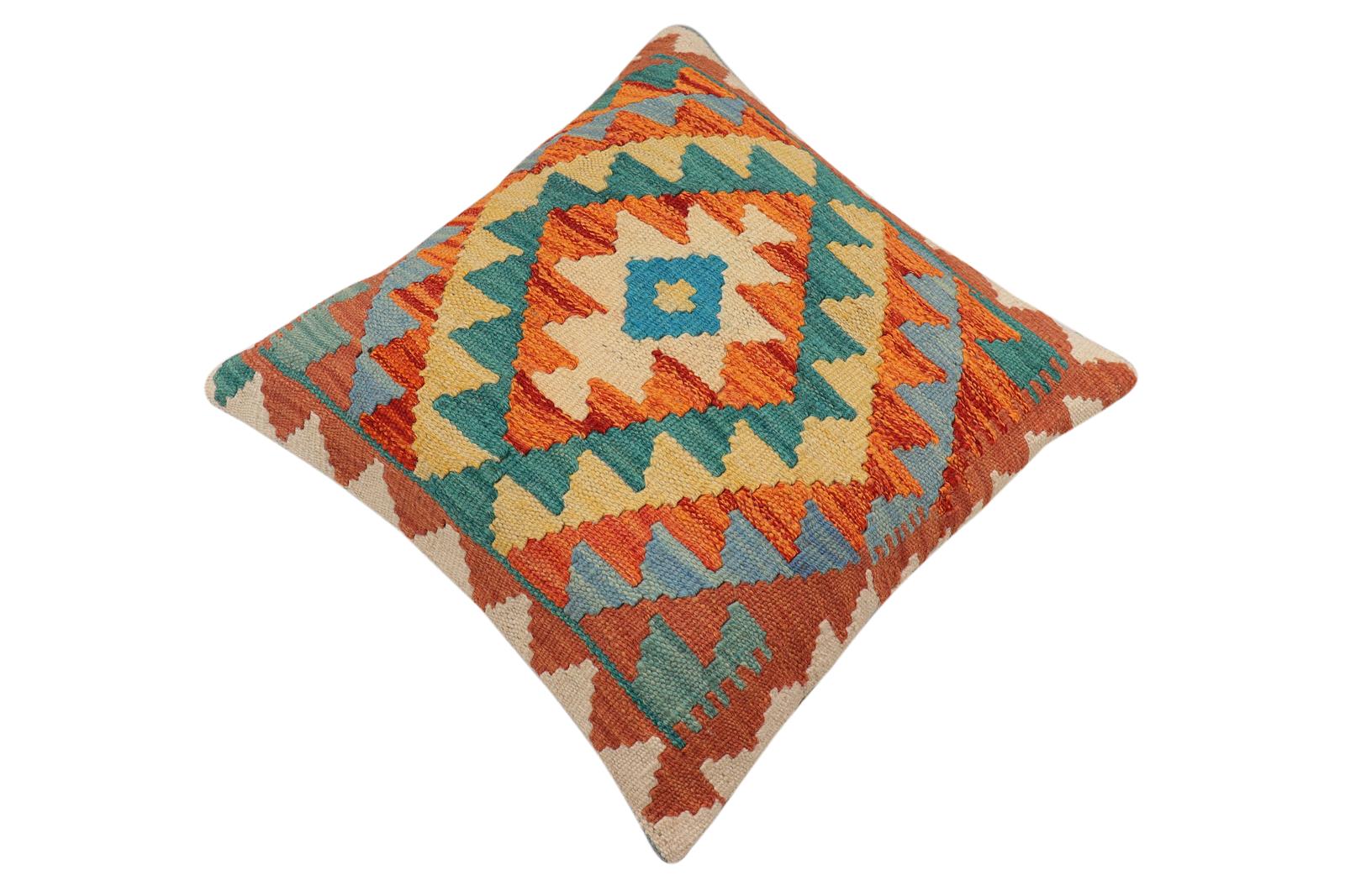 handmade Traditional Pillow Rust Blue Hand-Woven SQUARE 100% WOOL Hand woven turkish pillow2 x 2