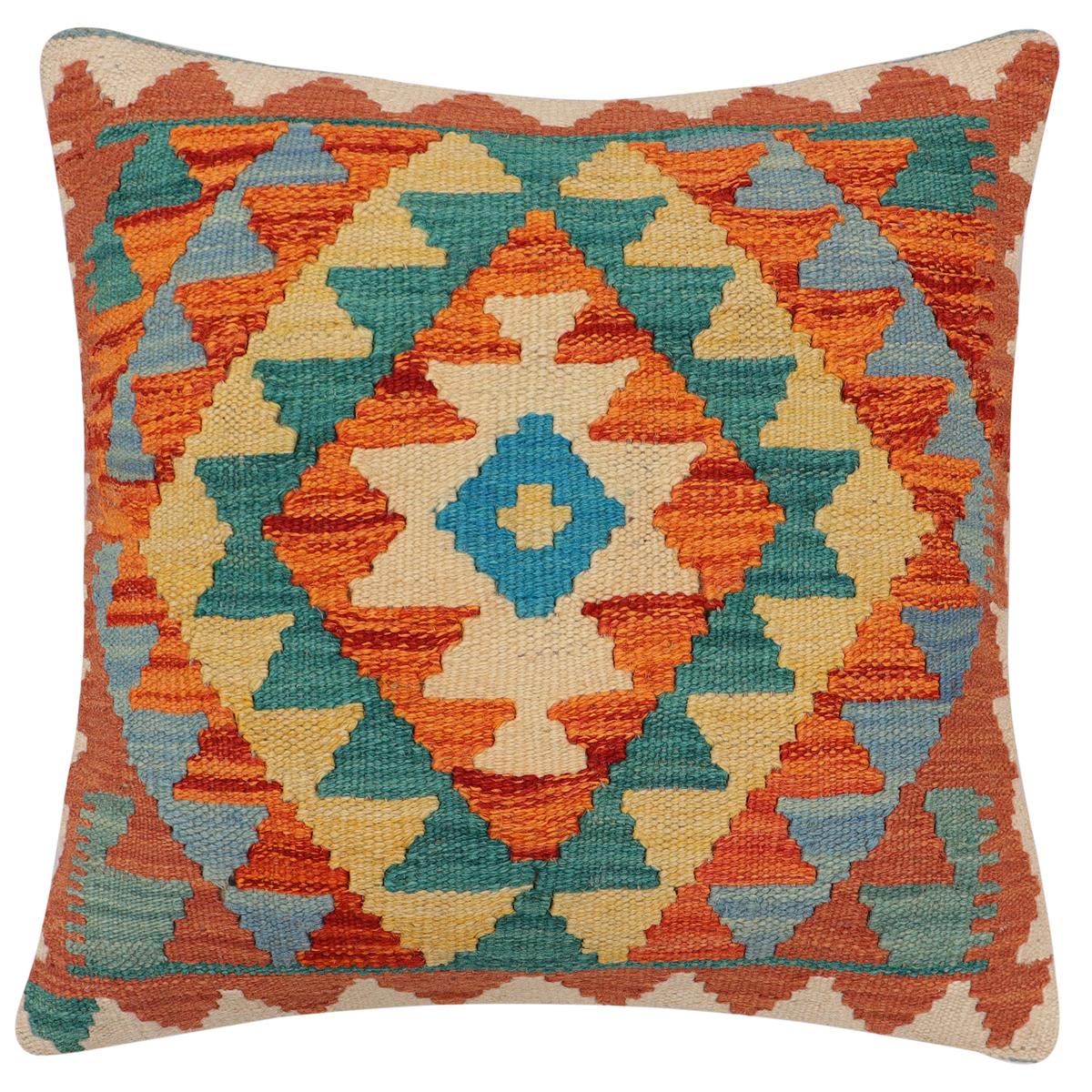 handmade Traditional Pillow Rust Blue Hand-Woven SQUARE 100% WOOL Hand woven turkish pillow2 x 2