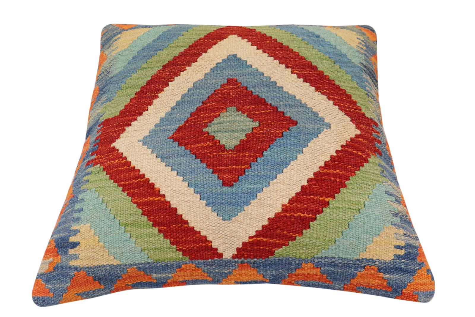 handmade Traditional Pillow Rust Blue Hand-Woven SQUARE 100% WOOL Hand woven turkish pillow2 x 2