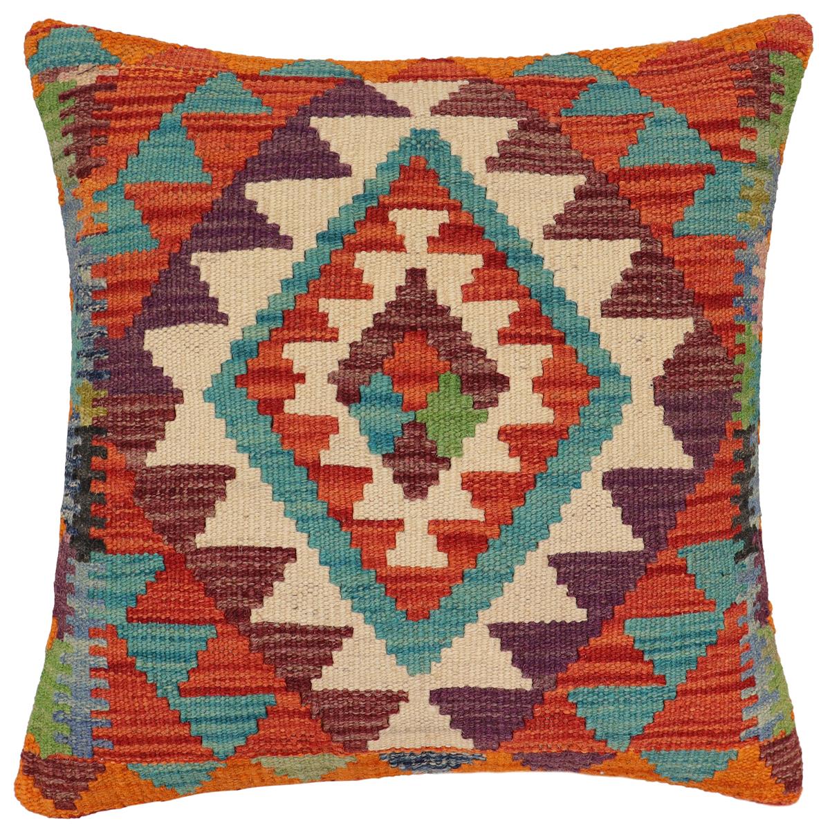 handmade Traditional Pillow Rust Blue Hand-Woven SQUARE 100% WOOL Hand woven turkish pillow2 x 2