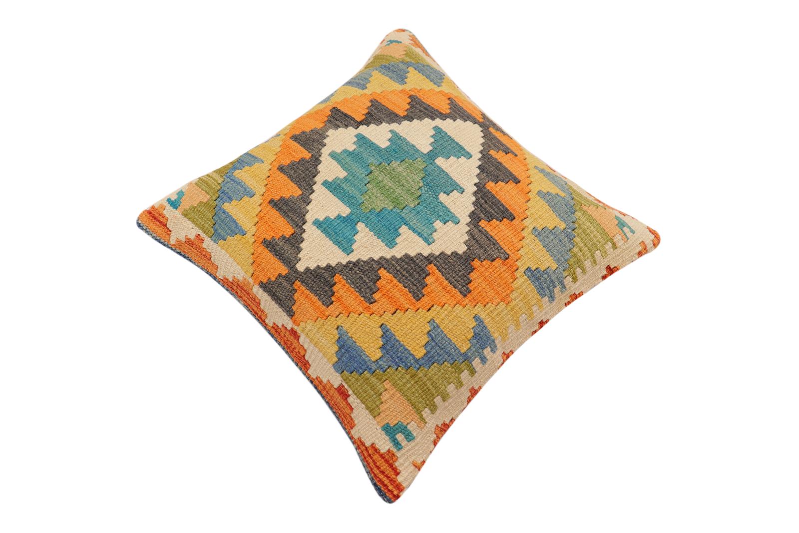 handmade Traditional Pillow Blue Gray Hand-Woven SQUARE 100% WOOL  Hand woven turkish pillow  2 x 2