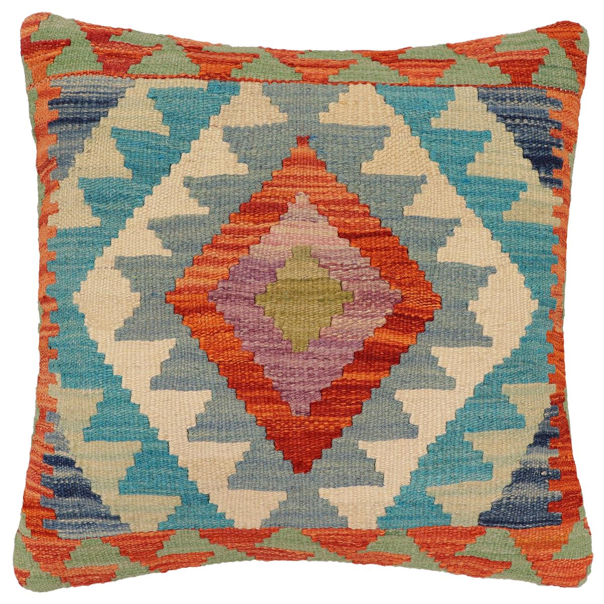 handmade Traditional Pillow Rust Blue Hand-Woven SQUARE 100% WOOL Hand woven turkish pillow2 x 2