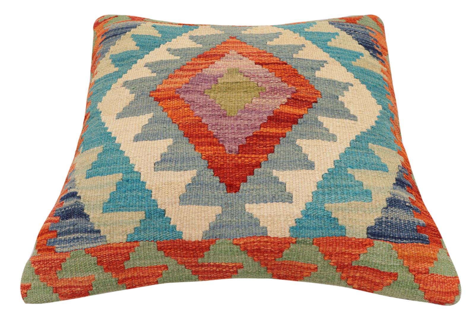 handmade Traditional Pillow Rust Blue Hand-Woven SQUARE 100% WOOL Hand woven turkish pillow2 x 2