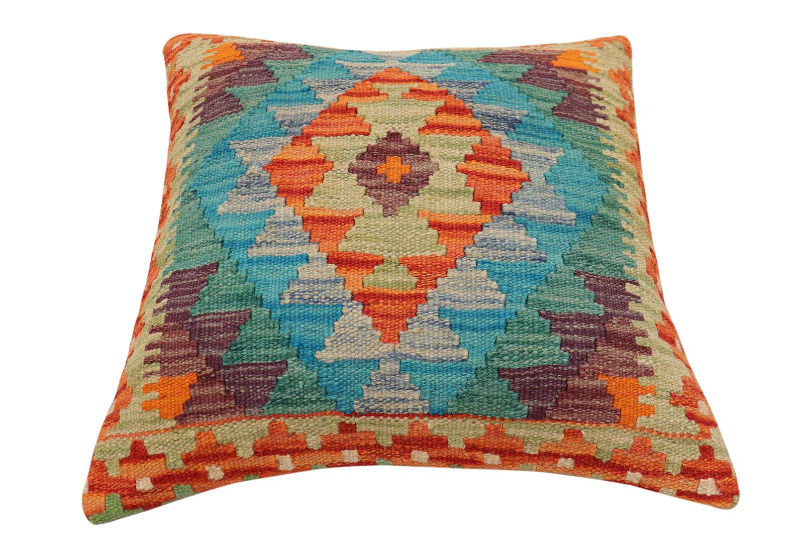 handmade Traditional Pillow Rust Blue Hand-Woven SQUARE 100% WOOL Hand woven turkish pillow2 x 2