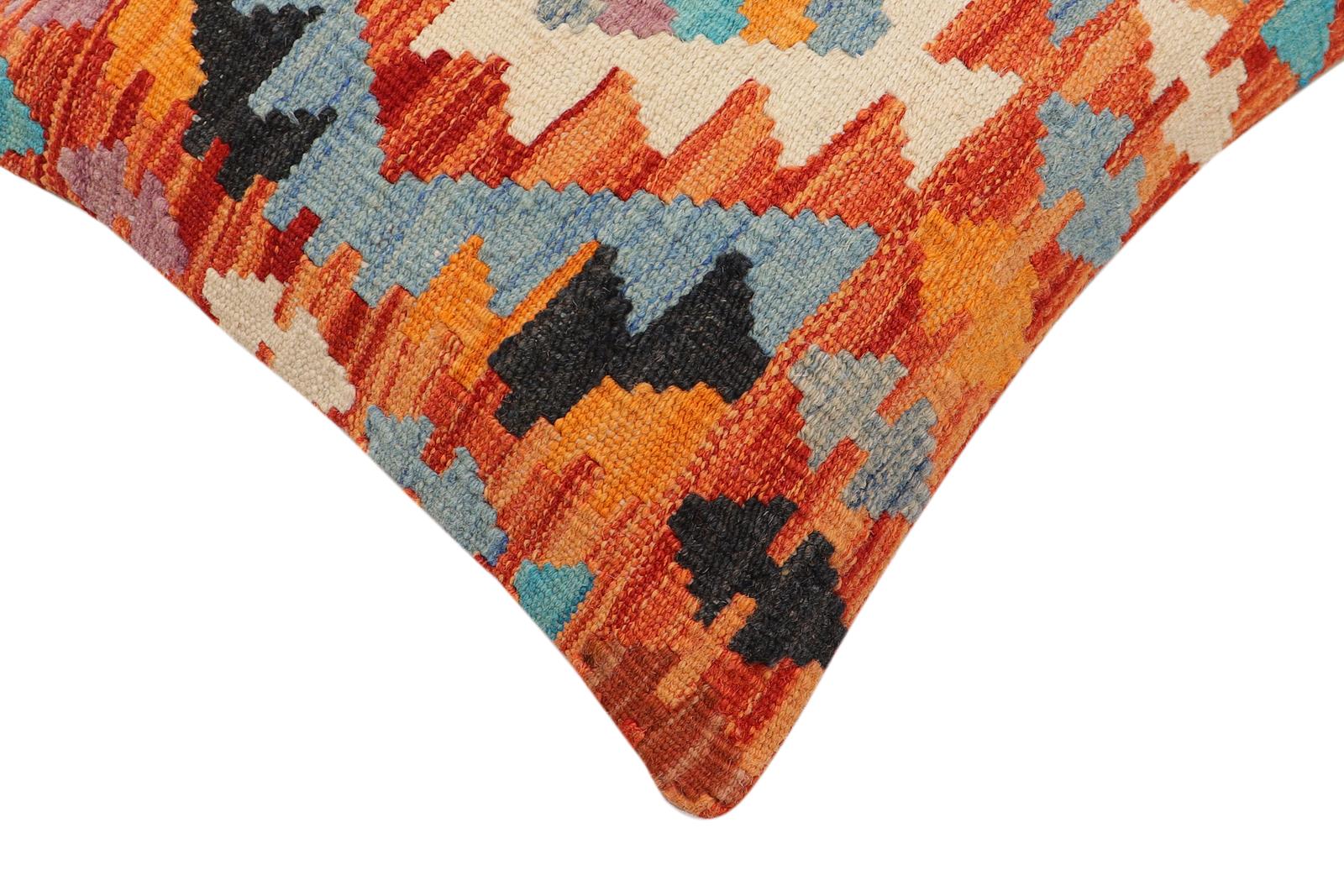 handmade Traditional Pillow Rust Blue Hand-Woven SQUARE 100% WOOL  Hand woven turkish pillow  2 x 2