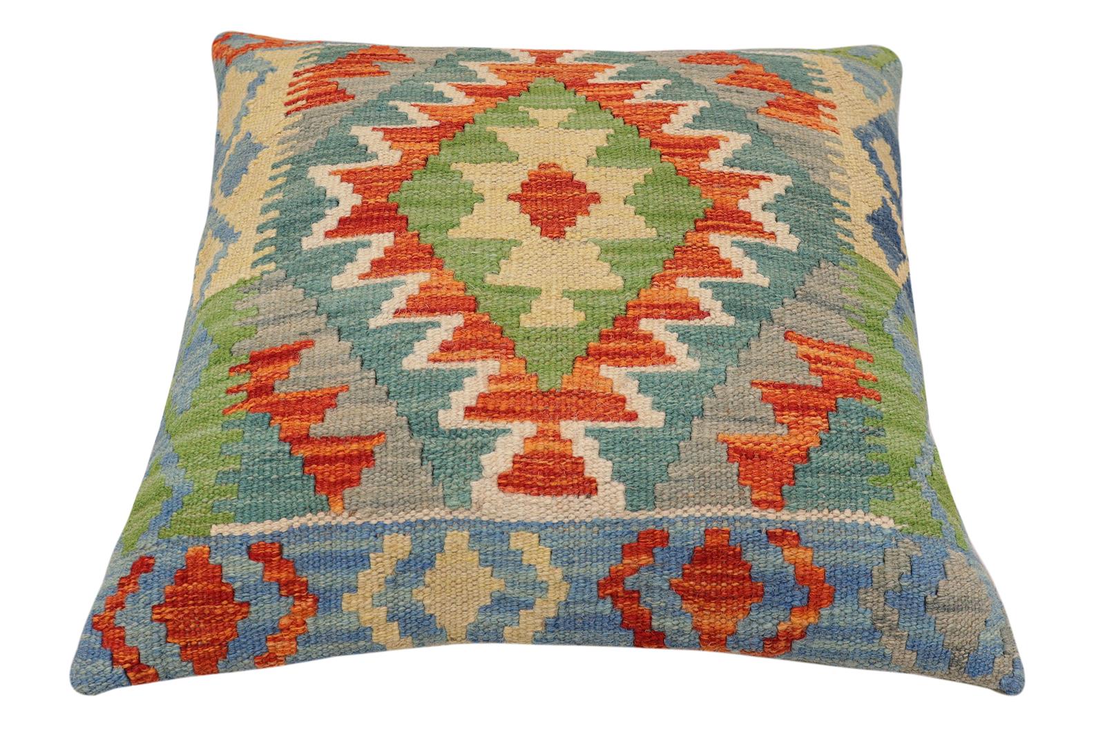 handmade Traditional Pillow Rust Blue Hand-Woven SQUARE 100% WOOL Hand woven turkish pillow2 x 2