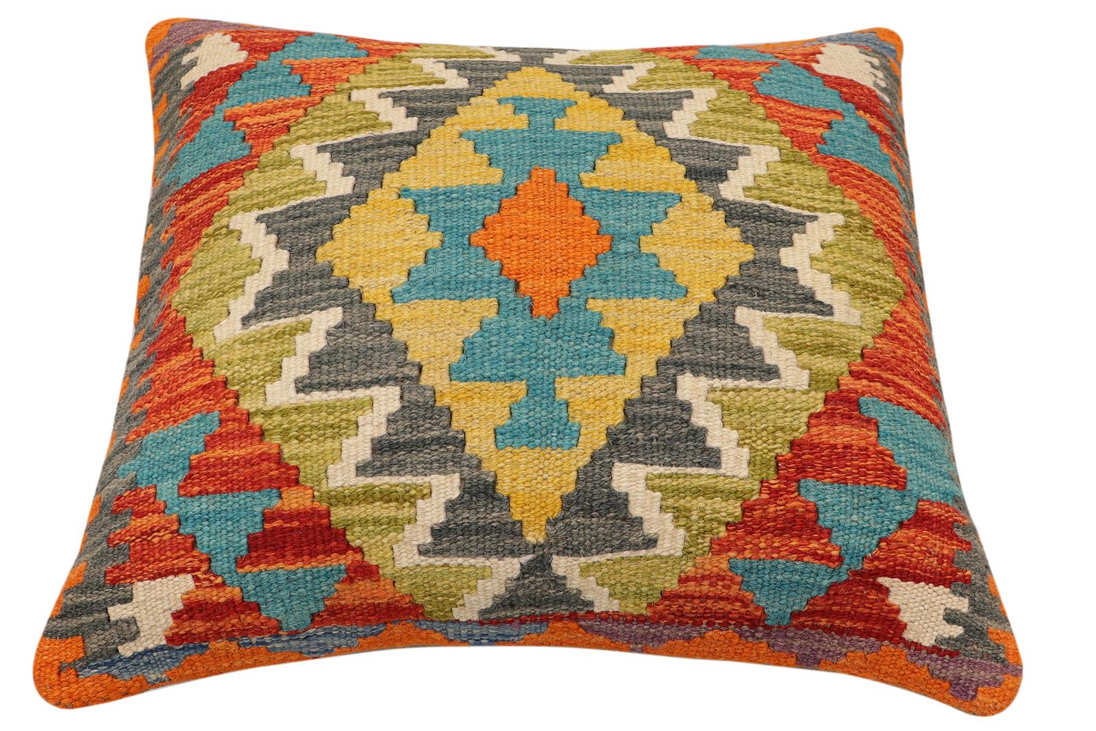 handmade Traditional Pillow Rust Blue Hand-Woven SQUARE 100% WOOL Hand woven turkish pillow2 x 2