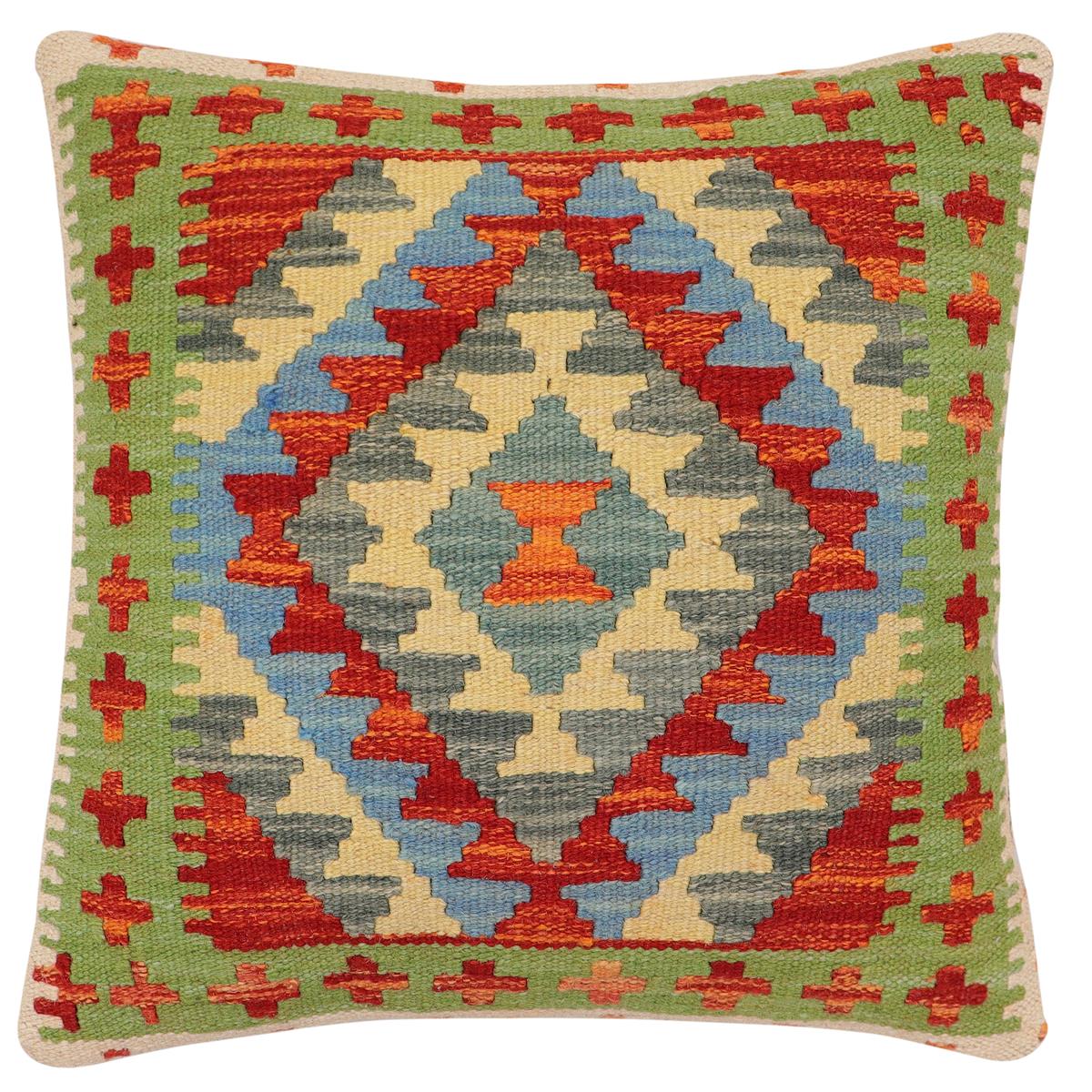 handmade Traditional Pillow Rust Blue Hand-Woven SQUARE 100% WOOL Hand woven turkish pillow2 x 2