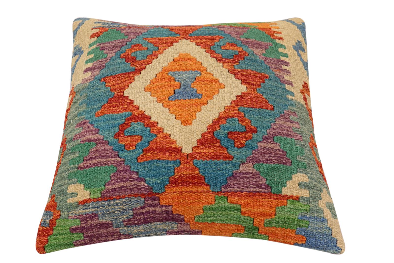 handmade Traditional Pillow Rust Blue Hand-Woven SQUARE 100% WOOL Hand woven turkish pillow2 x 2